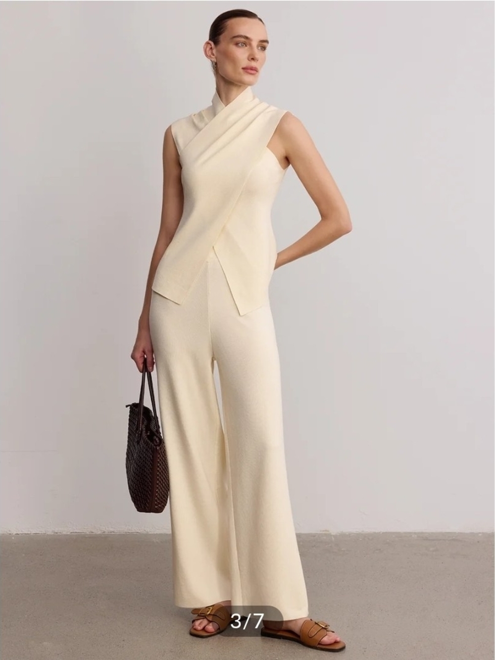 NWT Commense Cream Cross Neck Sleeveless Top And Wide Leg Pants Set, Large